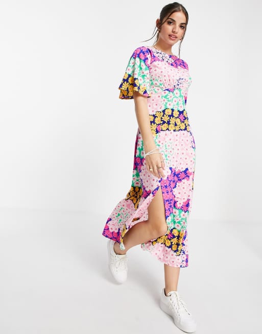 Influence - Multifarvet blomstret midi-tea-kjole