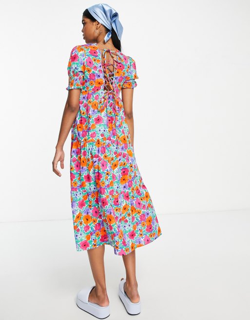 Influence - Nette midi-jurk met pofmouwen en gestrikte achterkant in felgekleurde bloemenprint, 3 van 4