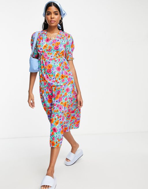 Influence - Nette midi-jurk met pofmouwen en gestrikte achterkant in felgekleurde bloemenprint, 4 van 4