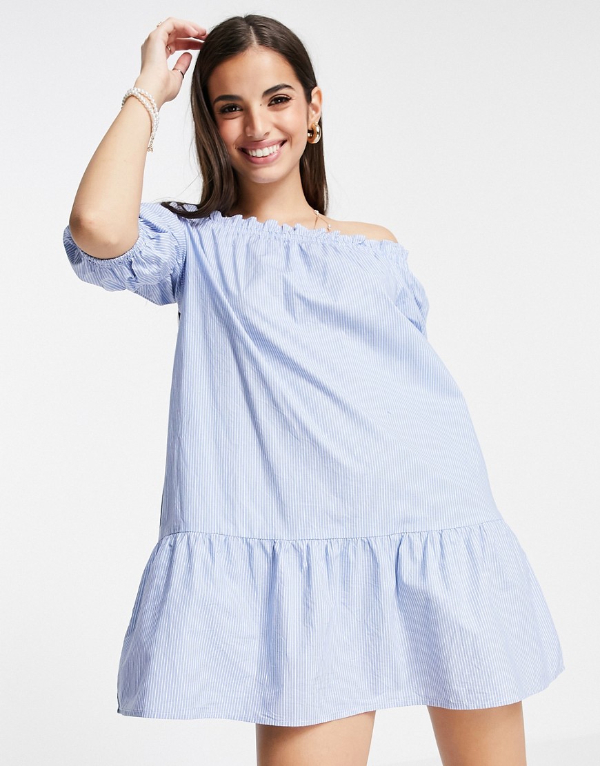 Influence off shoulder mini dress in blue stripe-Blues