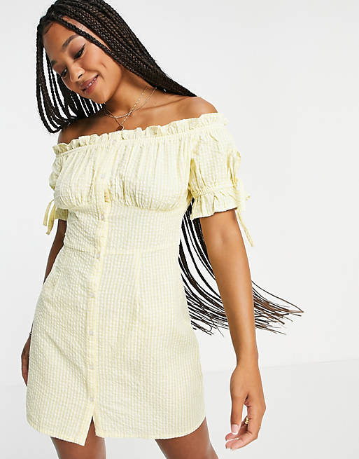 Influence off shoulder mini dress in yellow stripe