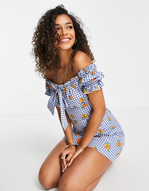 Influence - Off-shoulder mini jurk in blauwe gingham met oranje print