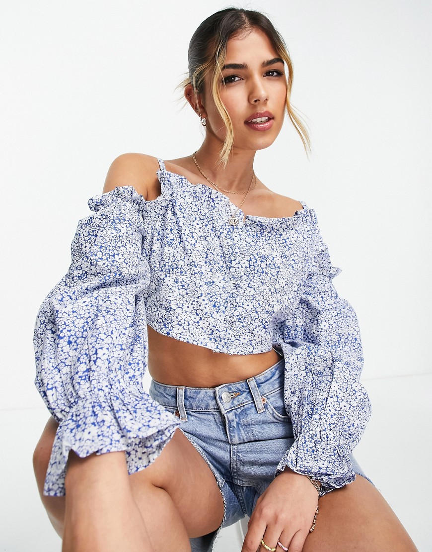 Influence off-the-shoulder Bardot crop top in blue ditsy floral