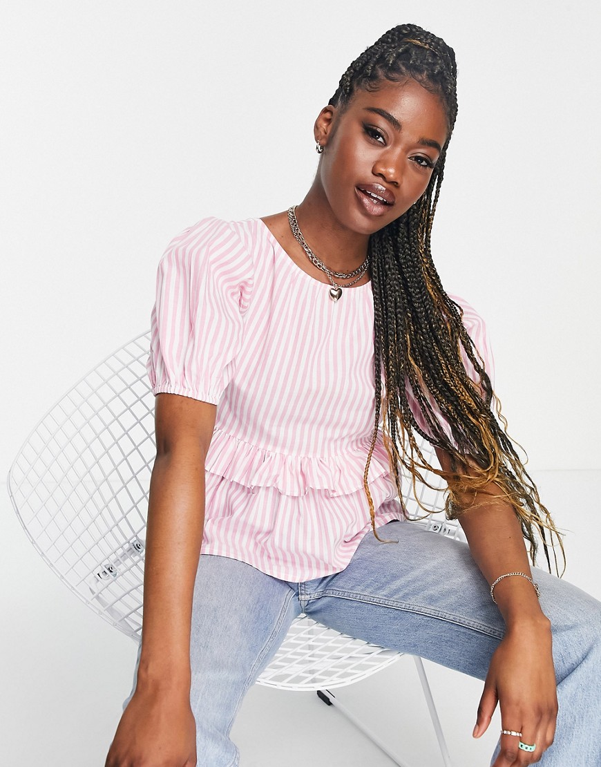 Influence open back blouse in pink stripe