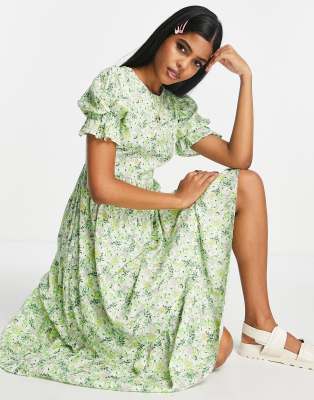 Influence Influence open back midi dress in green floral
