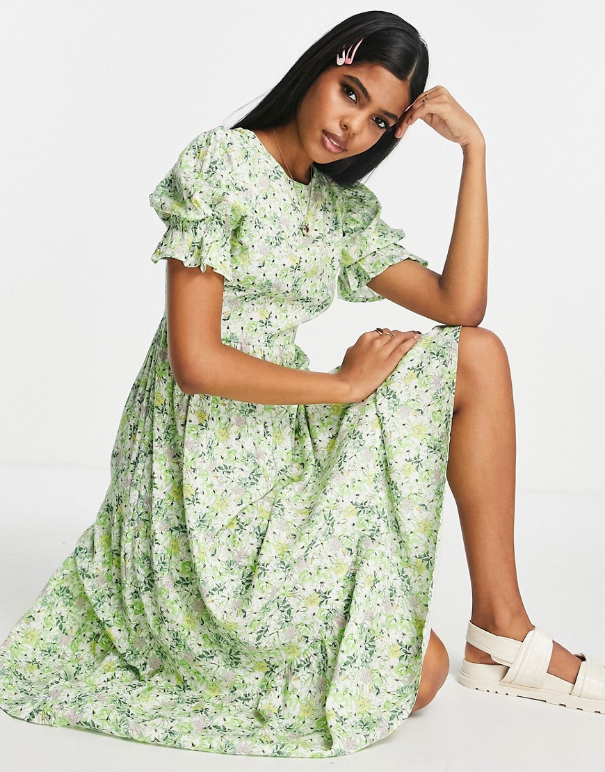 Influence open back midi dress in green floral