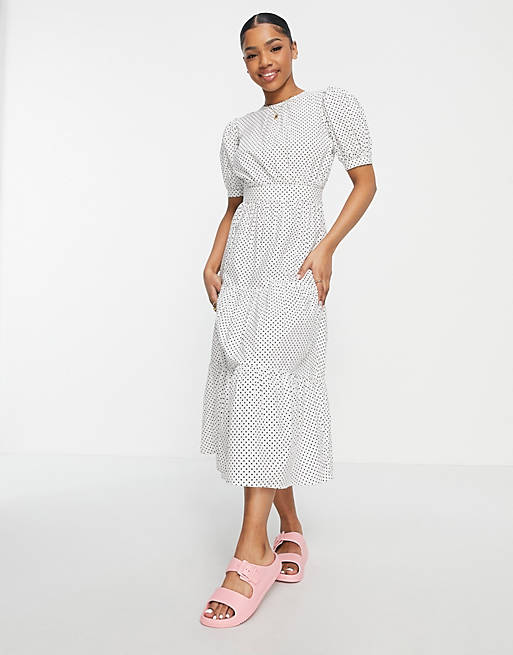 Influence open back tiered midi dress in polka dot