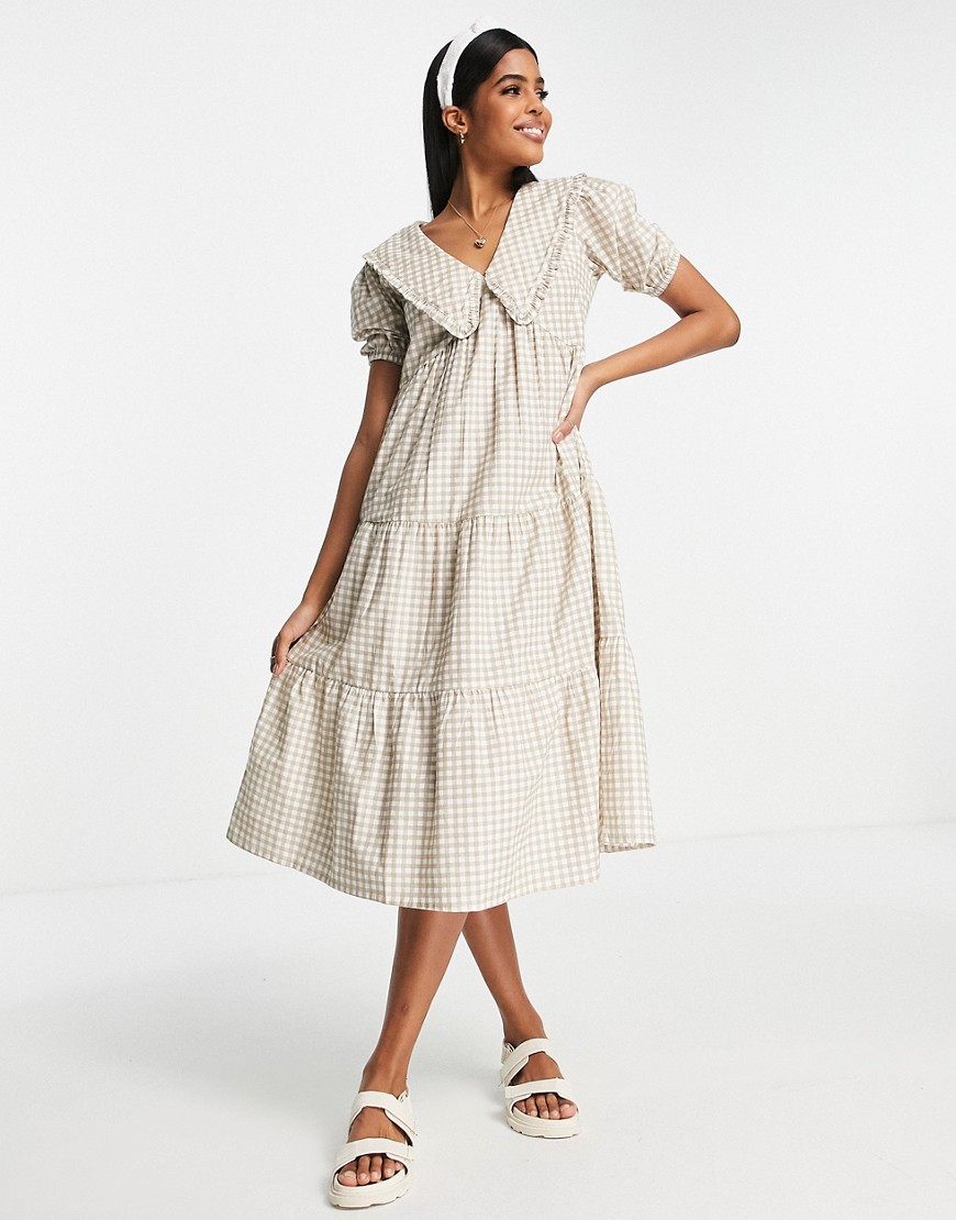 Influence peter pan collar midi dress in beige gingham-Neutral