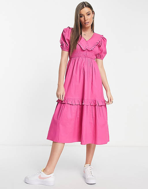 Influence peter pan collar midi dress in bright pink | ASOS