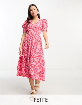 Influence Petite button front midi dress in pink and red floral print