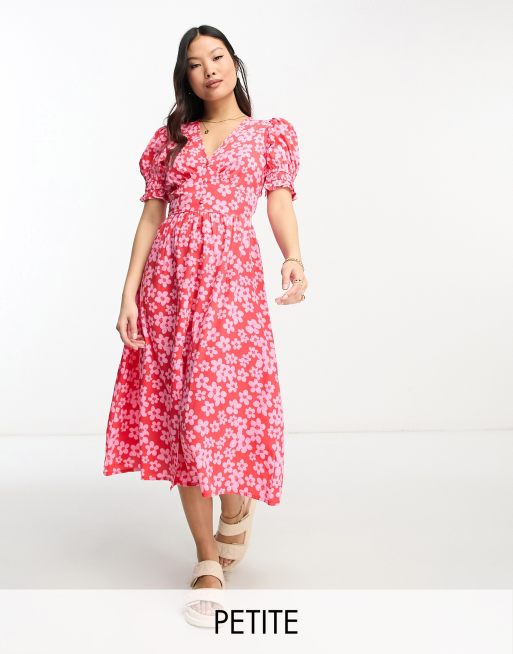 Influence Petite button front midi dress in pink and red floral print ...