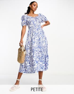 Influence Petite cotton poplin printed midi dress in blue