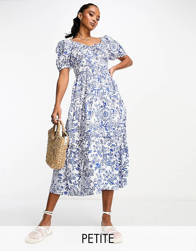 Influence Petite - cotton poplin printed midi dress in blue