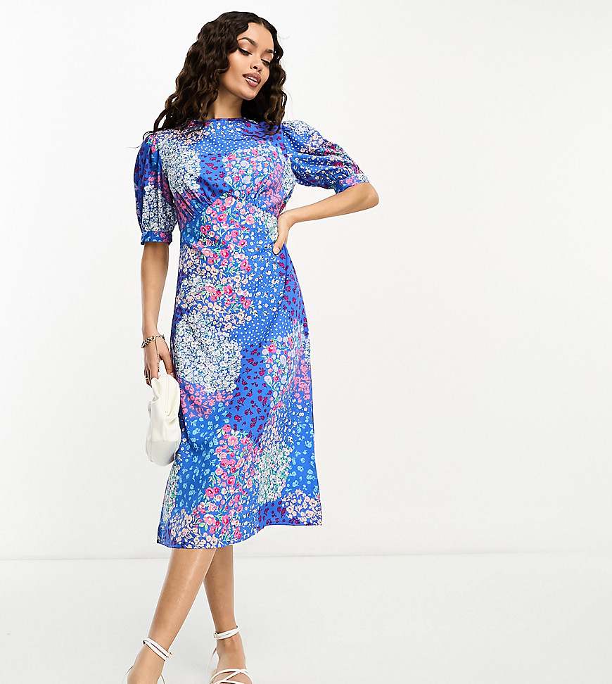 Influence Petite flutter sleeve midi tea dress in blue floral print