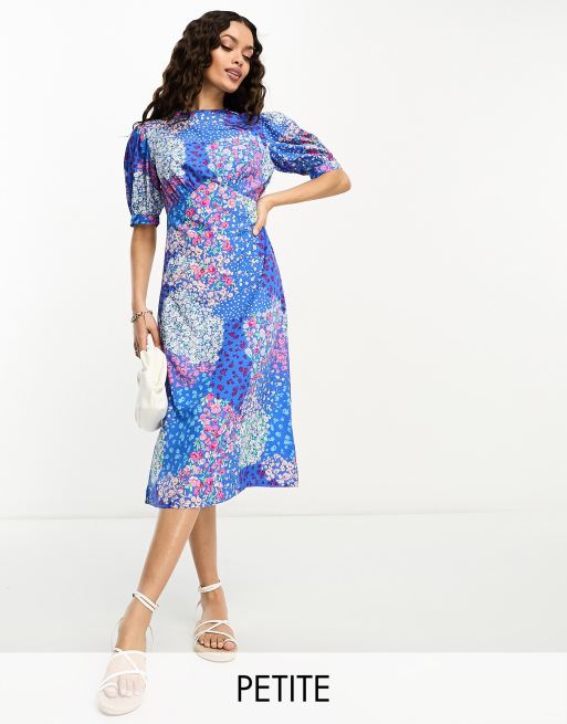 Influence Petite flutter sleeve midi tea dress in blue floral print ASOS