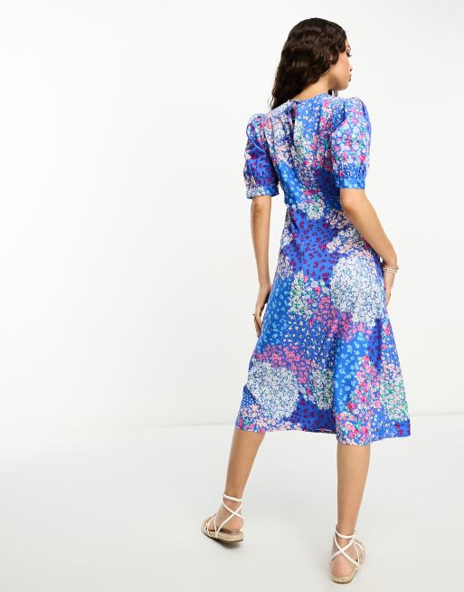 Influence Petite flutter sleeve midi tea dress in blue floral print