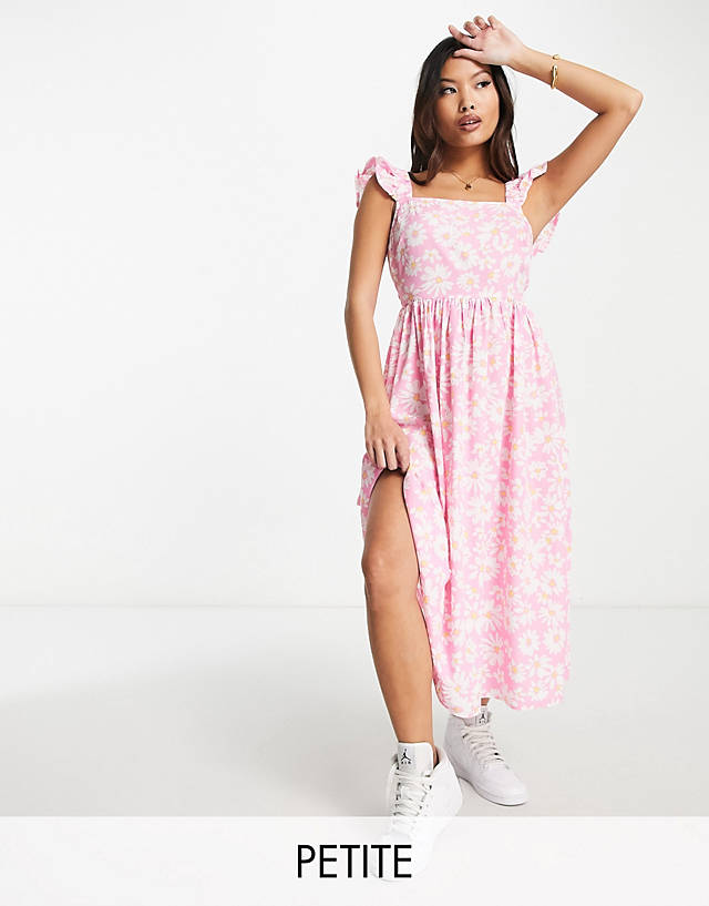 Influence Petite - frill strap midi dress in pink daisy print
