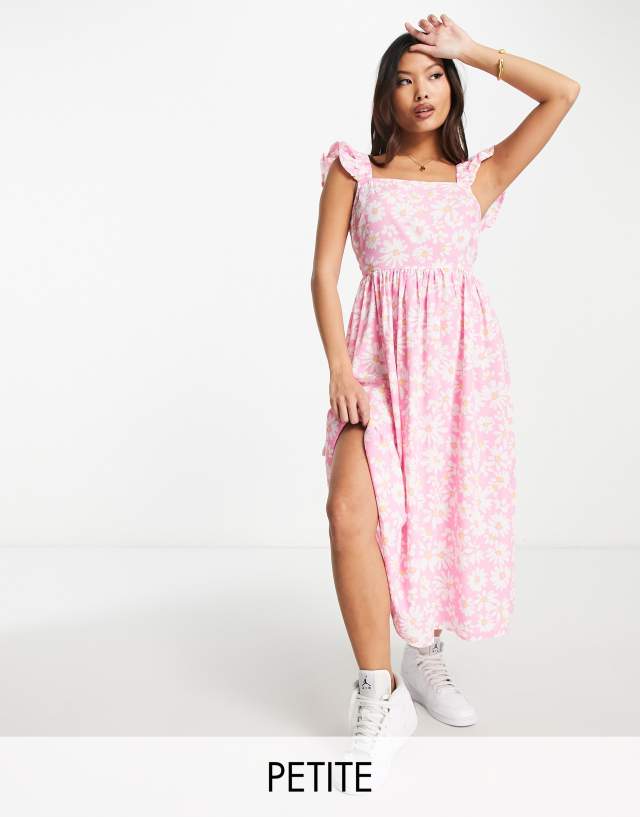 Influence Petite frill strap midi dress in pink daisy print