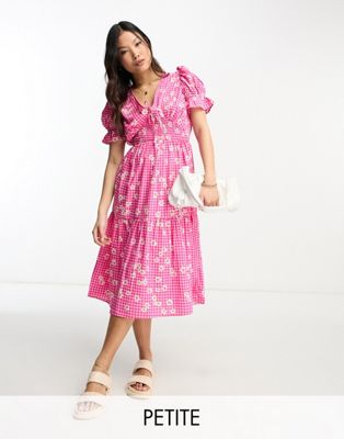 Influence Petite gingham midi dress with floral print in pink