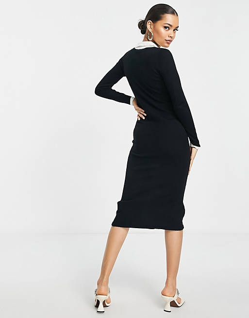 Influence Petite knitted midi dress with contrast piping in black