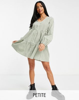 Influence Petite long sleeve mini gingham button dress in green