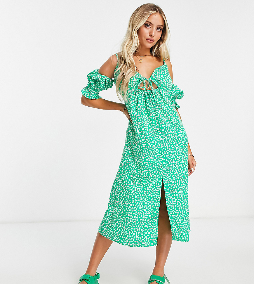 Influence Petite midi cami dress with short sleeve in green floral