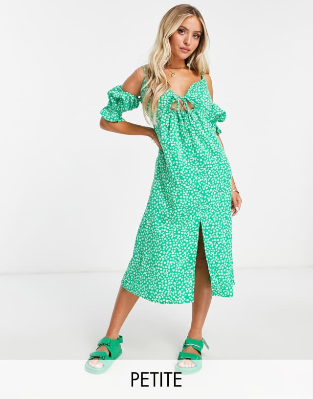 Influence Petite midi cami dress with short sleeve in green floral