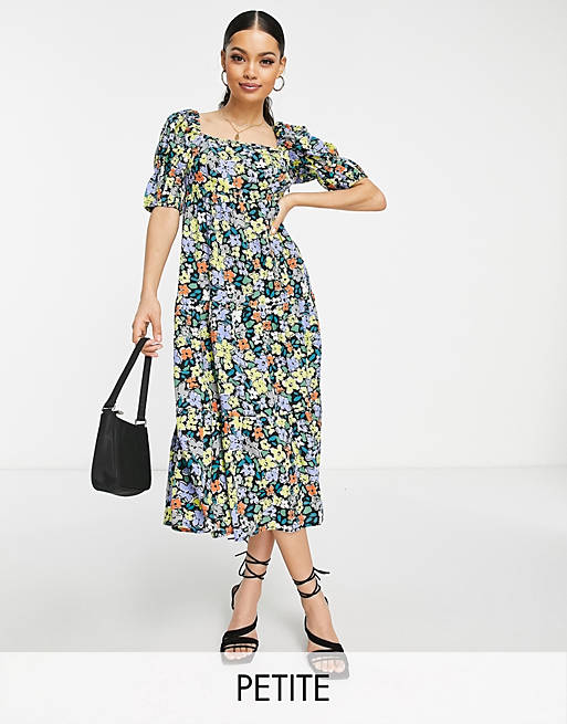 Influence Petite - Midi-jurk met pofmouwen en felgekleurde bloemenprint