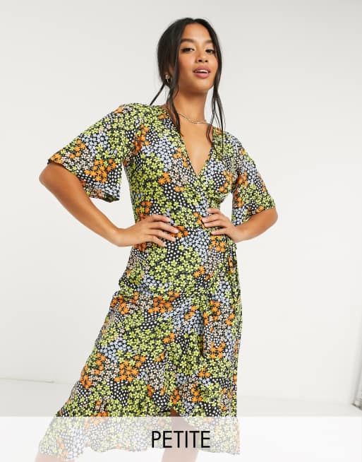 Influence Petite midi wrap dress with frill in ditsy floral print