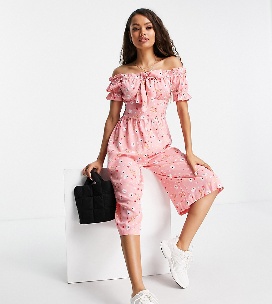 Influence Petite off shoulder jumpsuit in pink floral print
