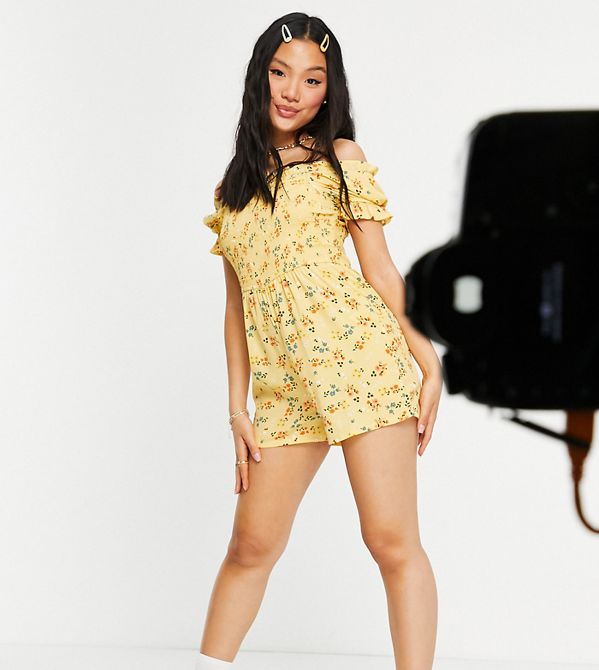 Influence Petite Off Shoulder Playsuit In Yellow Floral Print