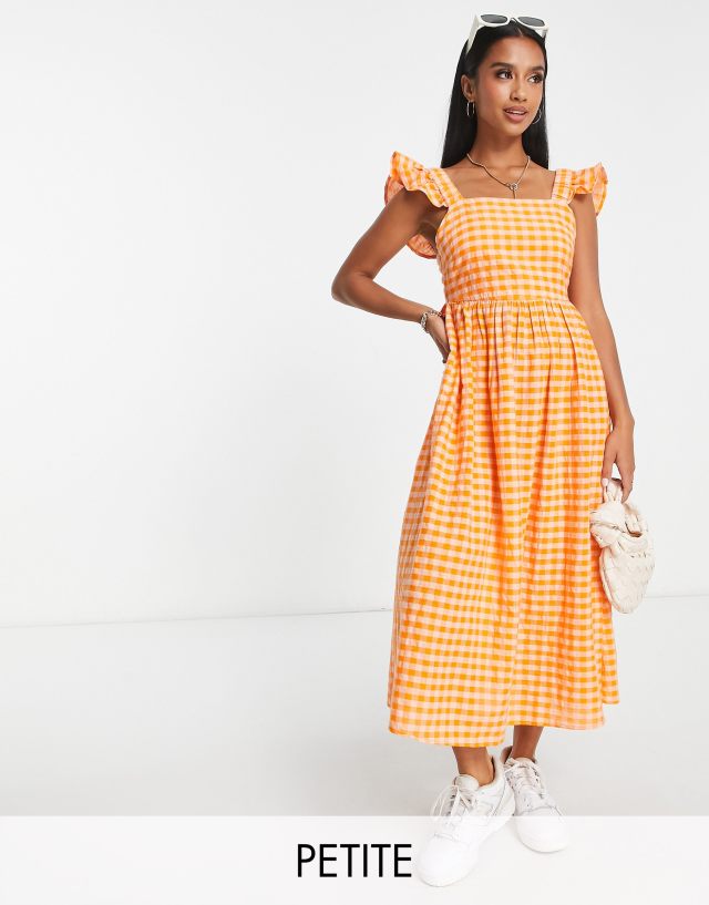 Influence Petite open bow back midaxi dress in orange seersucker gingham