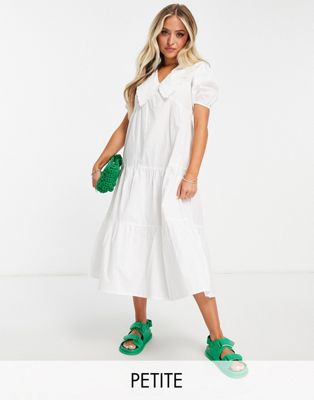 Influence Petite Peter Pan Collar Tiered Midi Dress In White | ModeSens