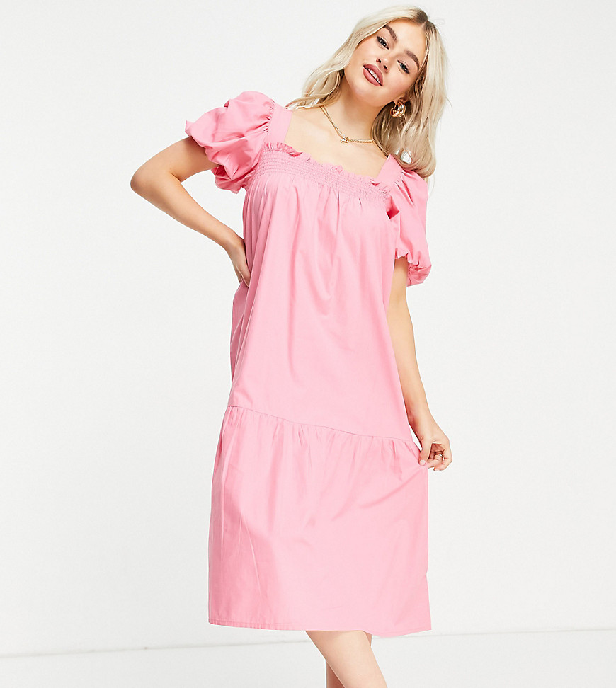 Influence Petite puff sleeve cotton poplin midi dress in bright pink