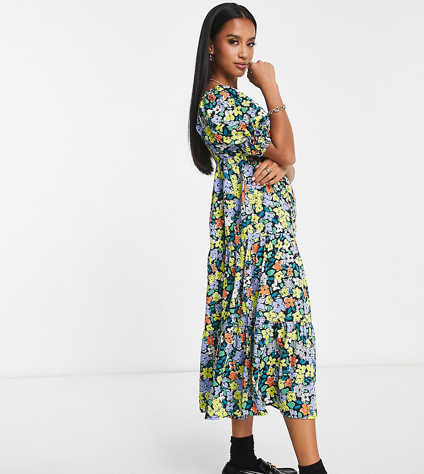 Influence Petite puff sleeve midi dress in bold floral print-Multi