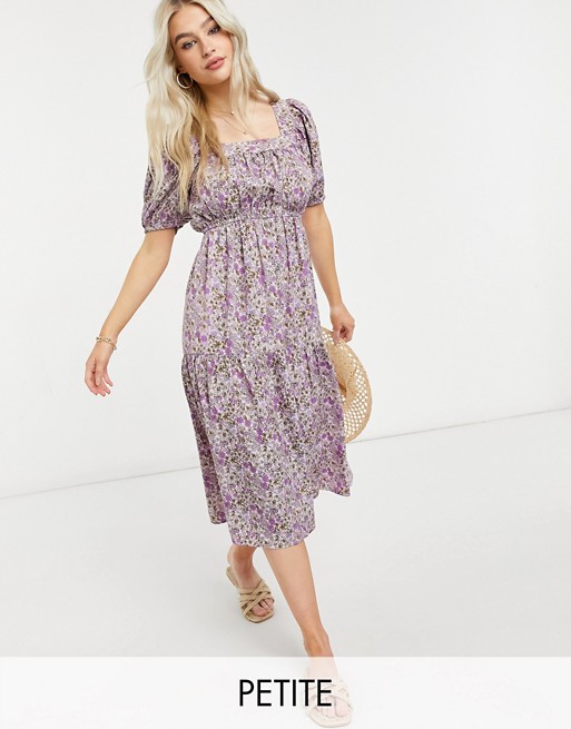 Influence Petite puff sleeve midi dress in lilac floral