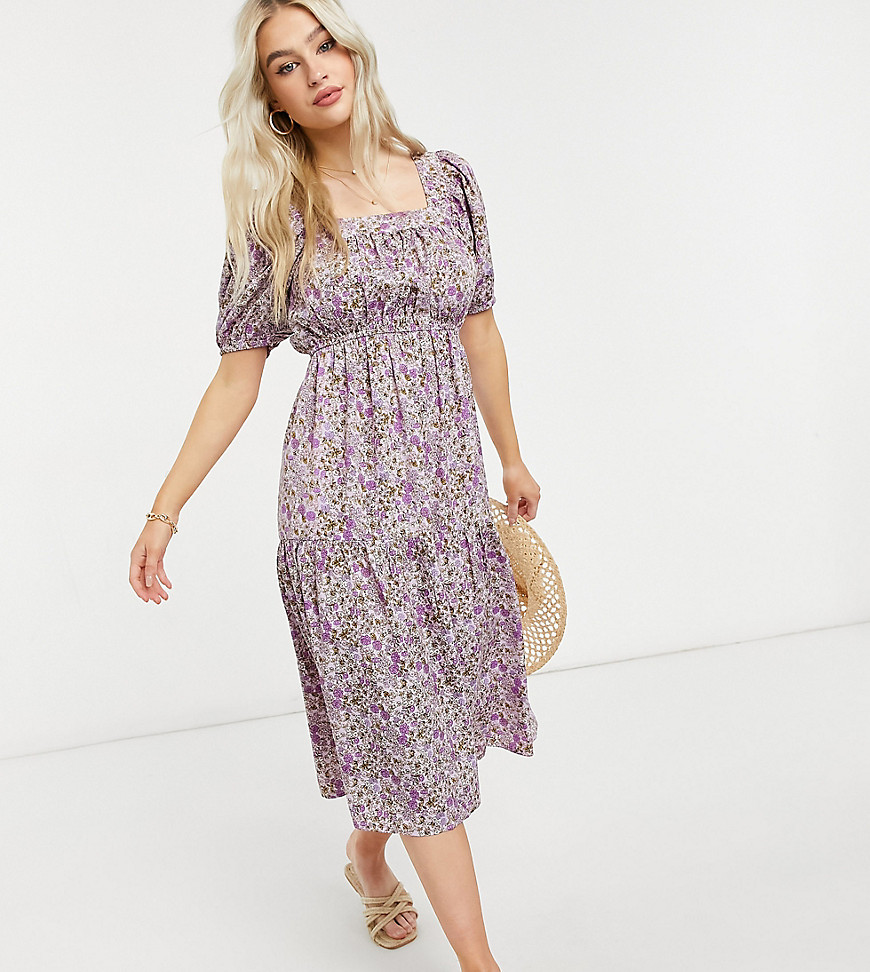 Influence Plus Influence Petite Puff Sleeve Midi Dress In Lilac Floral-multi