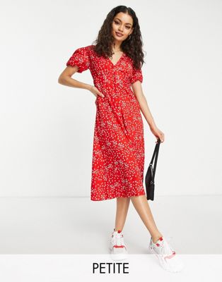 Influence Petite puff sleeve midi dress in red floral print
