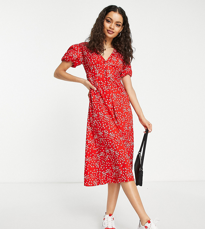 Influence Petite Puff Sleeve Midi Dress In Red Floral Print | ModeSens