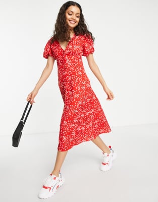 white dress with red floral print