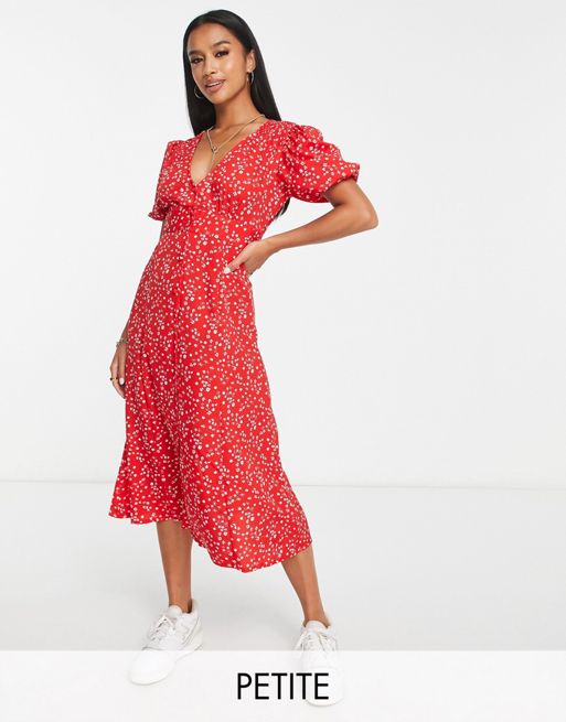 Influence Petite puff sleeve midi dress in red floral print | ASOS