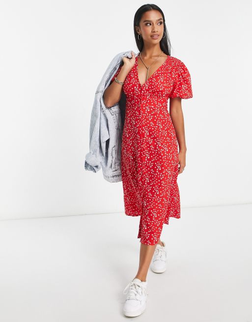 red midi floral dress