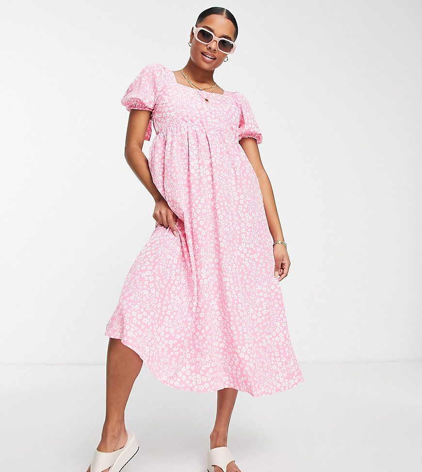 Influence Petite puff sleeve shirred midi dress in pink and white floral