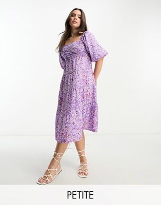 Influence Petite puff sleeve square neck midi dress in purple floral print