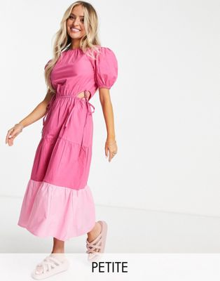 Influence Petite puff sleeve tiered contrast midi dress in pink
