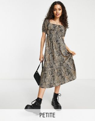 Influence Petite puff sleeve tiered midi dress in leopard print-Multi