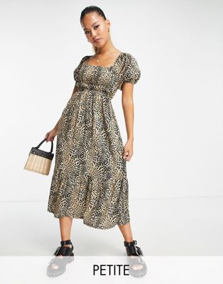 Influence Petite puff sleeve tiered midi dress in leopard print