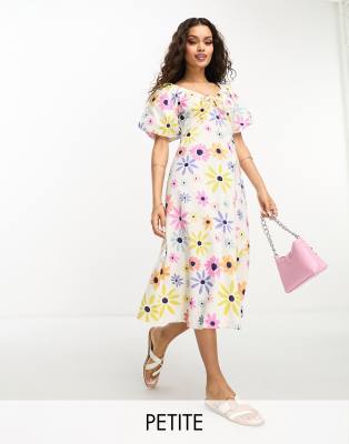 Influence Petite Influence Petite ring front midi dress in white floral print-Multi