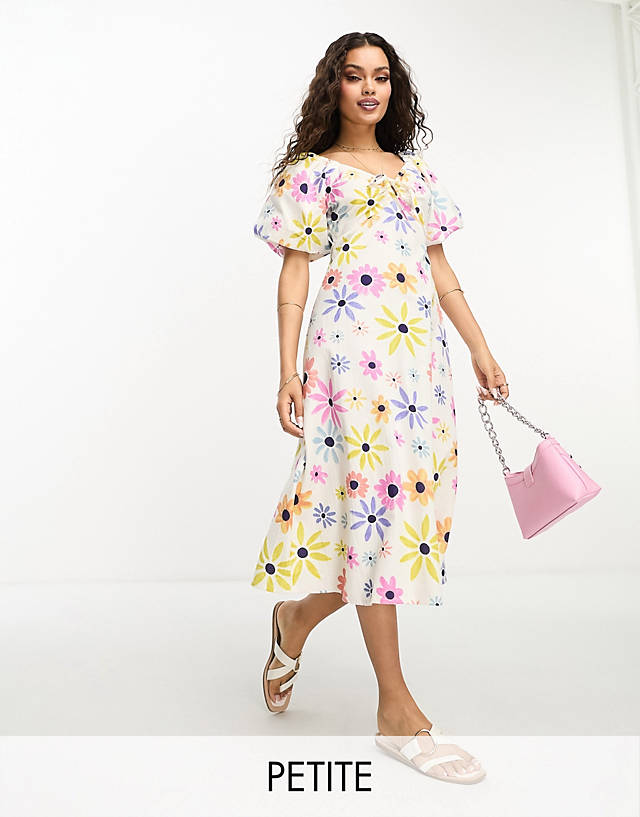 Influence Petite - ring front midi dress in white floral print
