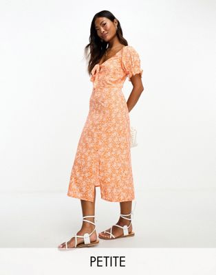 Influence Petite tie front midi dress in orange floral print - ASOS Price Checker